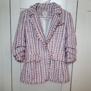 Textured Pink Tweed Blazer with Frayed Trim